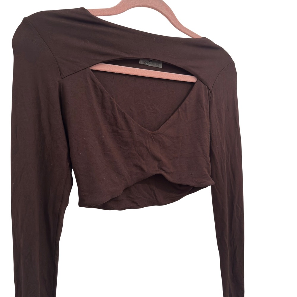 Naked Wardrobe Crop Top Coquette Brown Cutout Long Sleeve Bamboo Spandex S